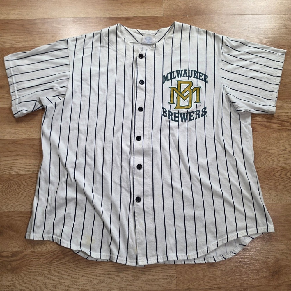 Off the Bench Milwaukee Brewers Jersey Mens XL White Pinstripe Vintage Baseball